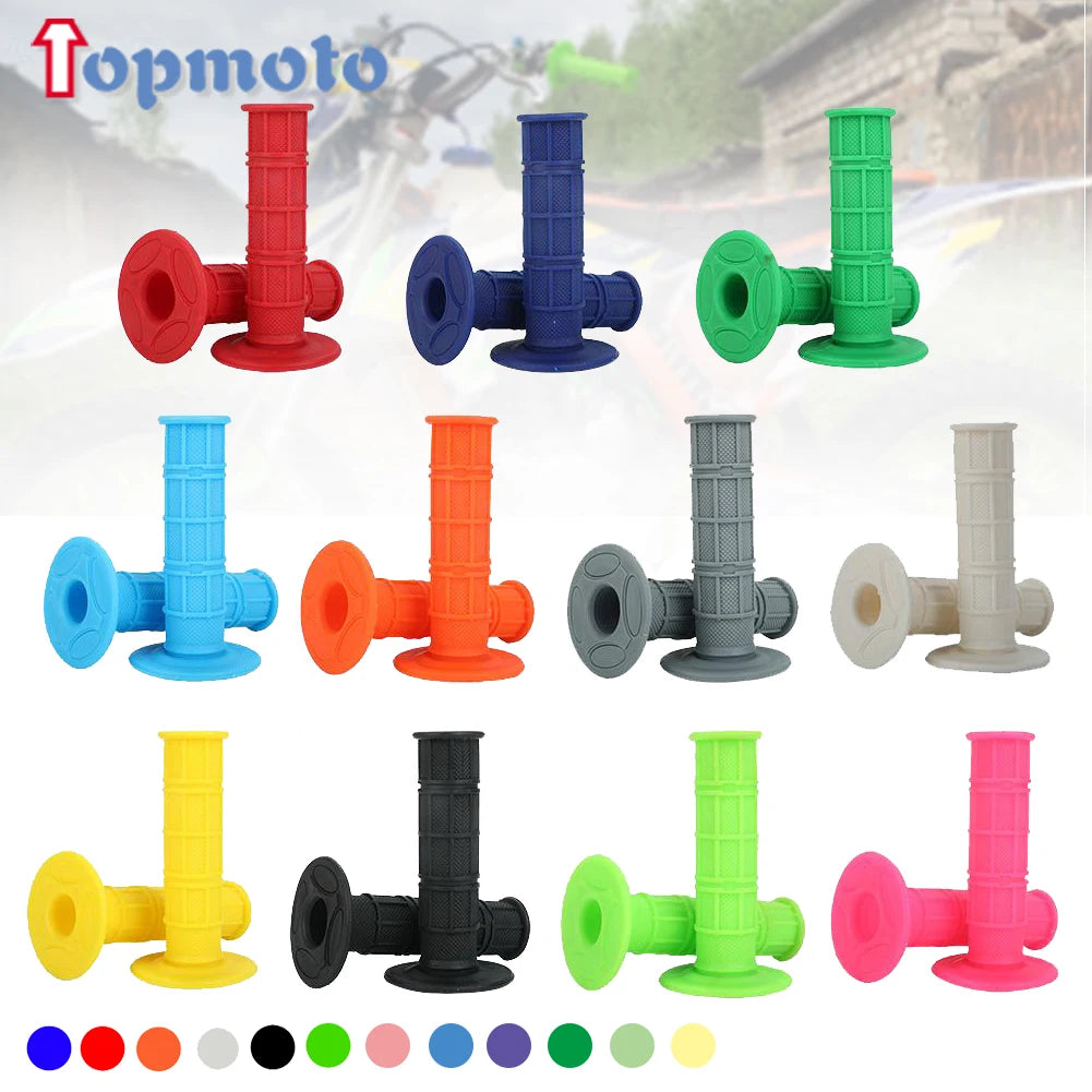 Collection de poignées en silicone colorées pour guidon de vélos tout-terrain, montrées sous différents angles.