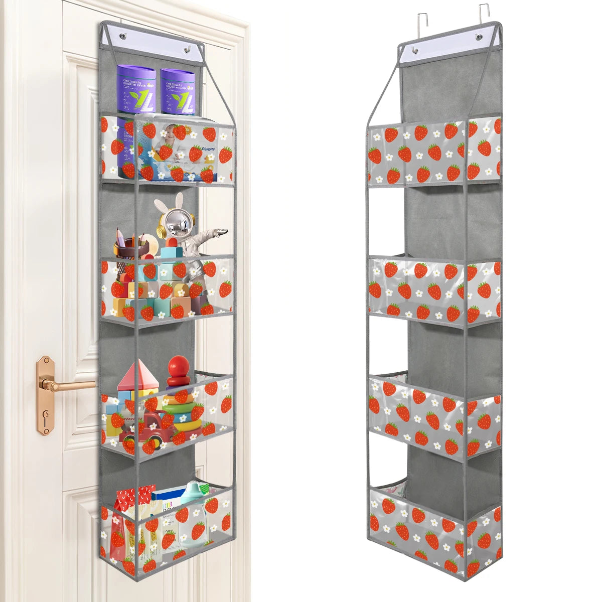 A tall, vertical over-the-door hanging organizer with clear compartments for storing various items.