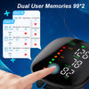 A hand interacts with a dual user memory blood pressure monitor displaying readings and interface details.