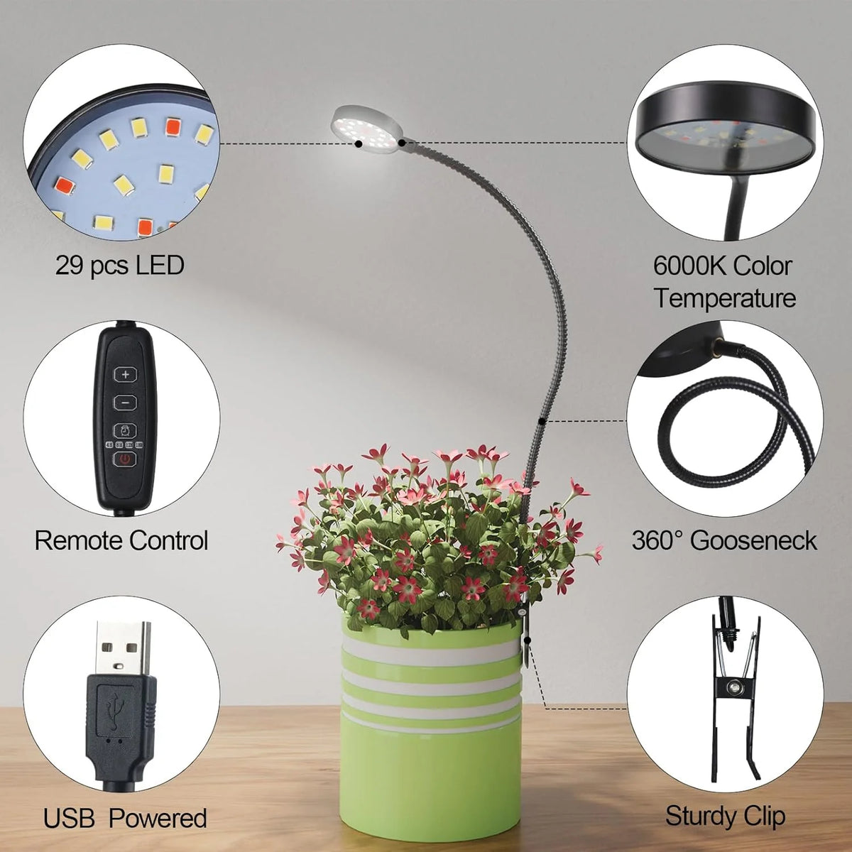 A full-spectrum USB LED grow light with a flexible gooseneck and sturdy clip, featuring 29 LEDs and remote control.