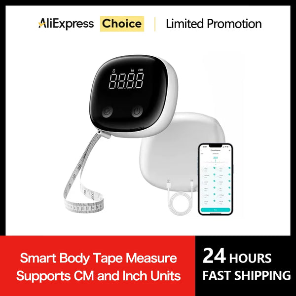 Cinta métrica inteligente blanca de cuerpo junto a un smartphone mostrando medidas.