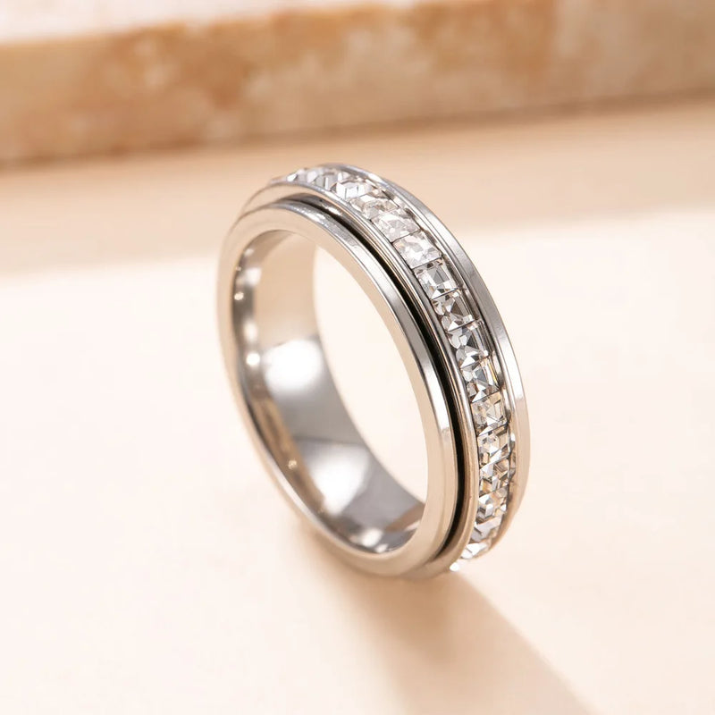 Titanium Steel Spinner Fidget Ring with Cubic Zirconia