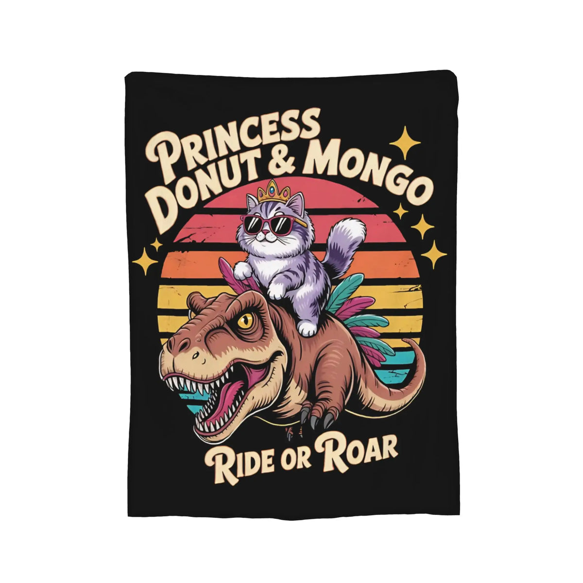 A black throw blanket featuring a graphic design with a princess donut, a monkey, and a dinosaur riding or roaring.