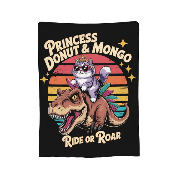Schwarze Überwurfdecke mit Grafik: Prinzessin-Donut, Affe und Dinosaurier