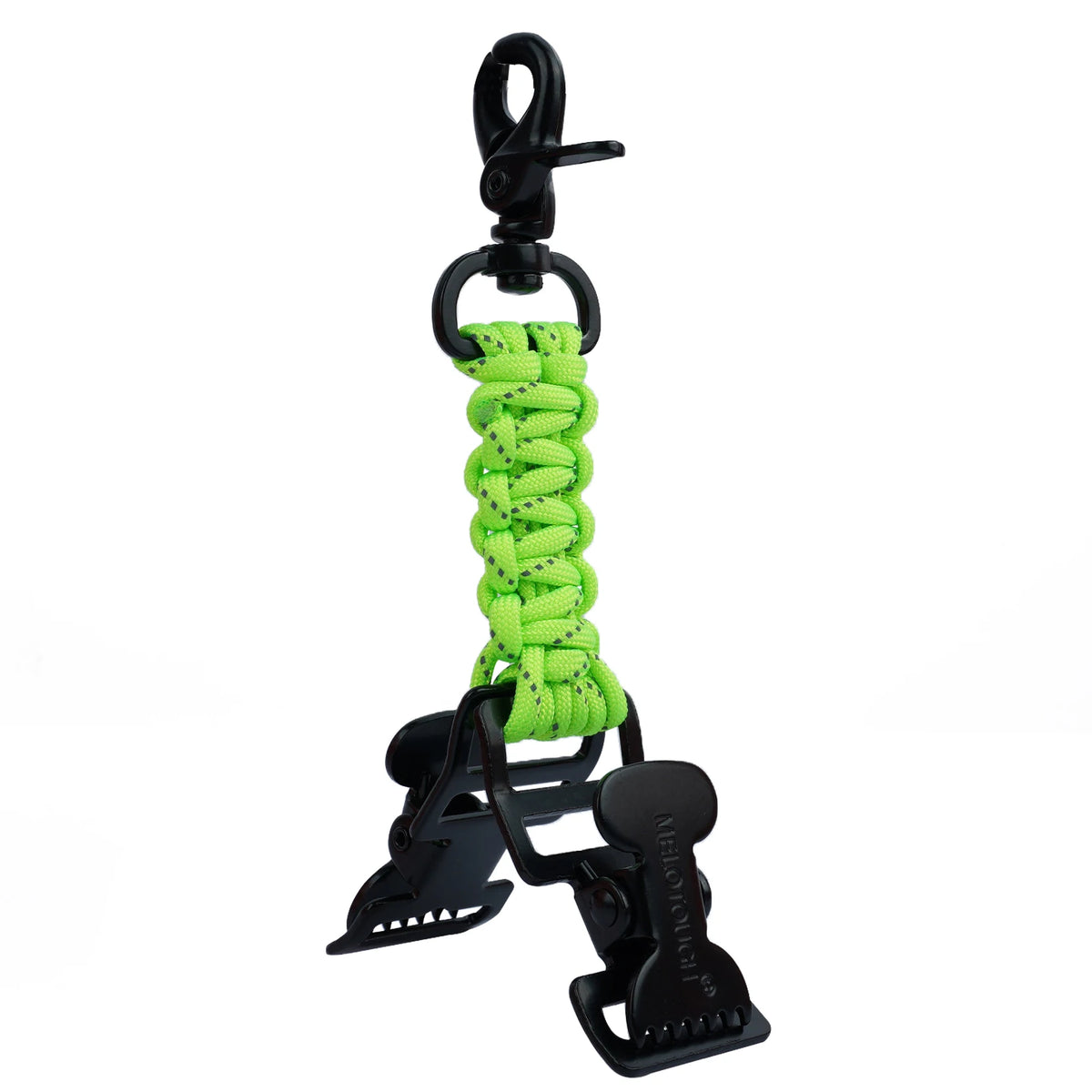 Clip táctico de guante negro para cinturón de herramientas y bolso con cordón verde lima brillante