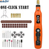 An orange cordless mini grinder tool kit with various engraving, polishing, and cutting bits.