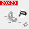 A set of stainless steel 90-degree angle brackets and screws, including a digital caliper.
