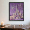 A framed painting of the Eiffel Tower and fireworks rendered in pearl white on a purple background.