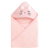 A pink fuzzy hooded baby bathrobe towel with a cartoon cat face design.