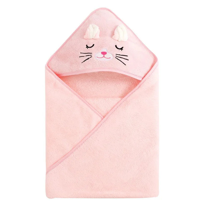 A pink fuzzy hooded baby bathrobe towel with a cartoon cat face design.