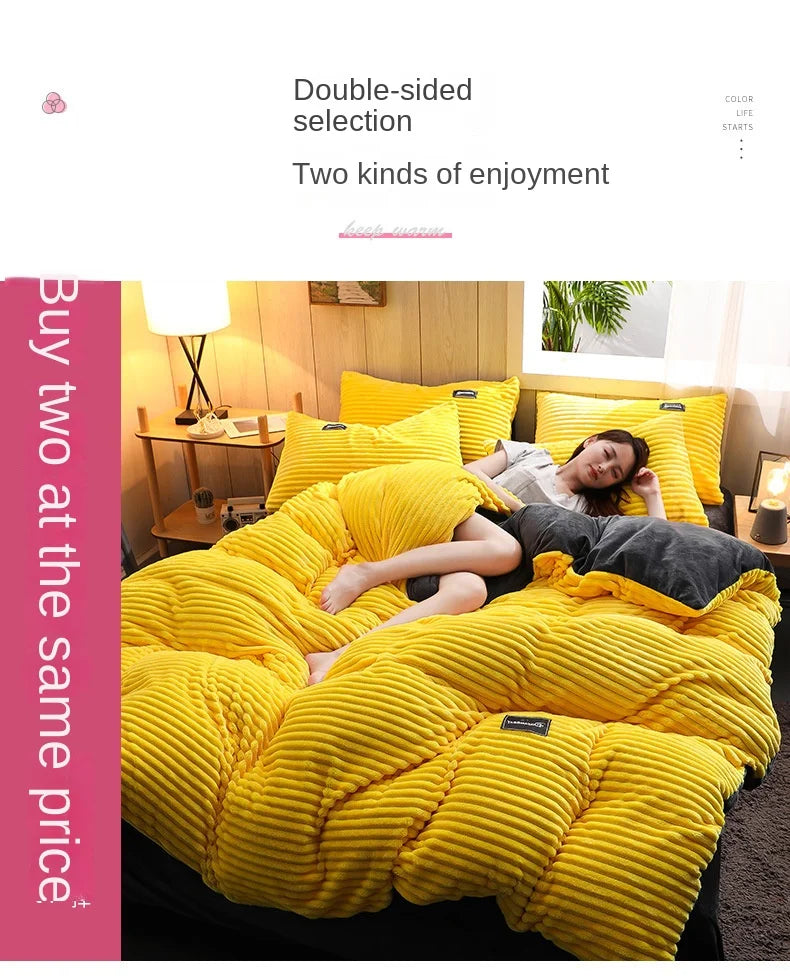 A bright yellow double-sided duvet cover set with a ribbed corduroy texture shown on a bed.