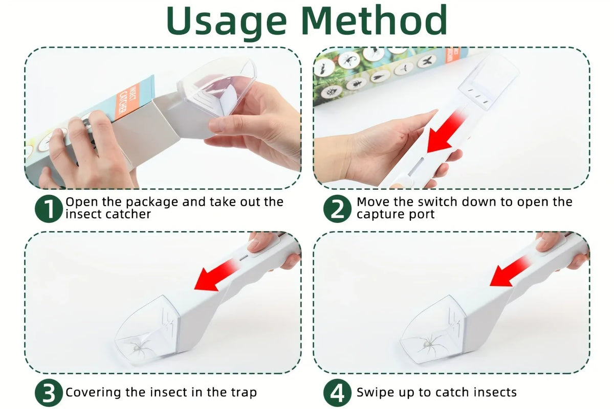 Instructions for using a handheld insect catcher clamp tool to open, cover, and swipe up to catch insects.