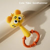 A cute tiger sandhammer toy with a yellow head and orange ring, designed for baby sensory play.