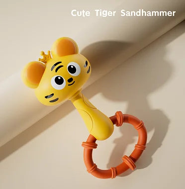 A cute tiger sandhammer toy with a yellow head and orange ring, designed for baby sensory play.