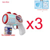 Three blue astronaut bubble blaster toys are shown next to packaging and instructions.