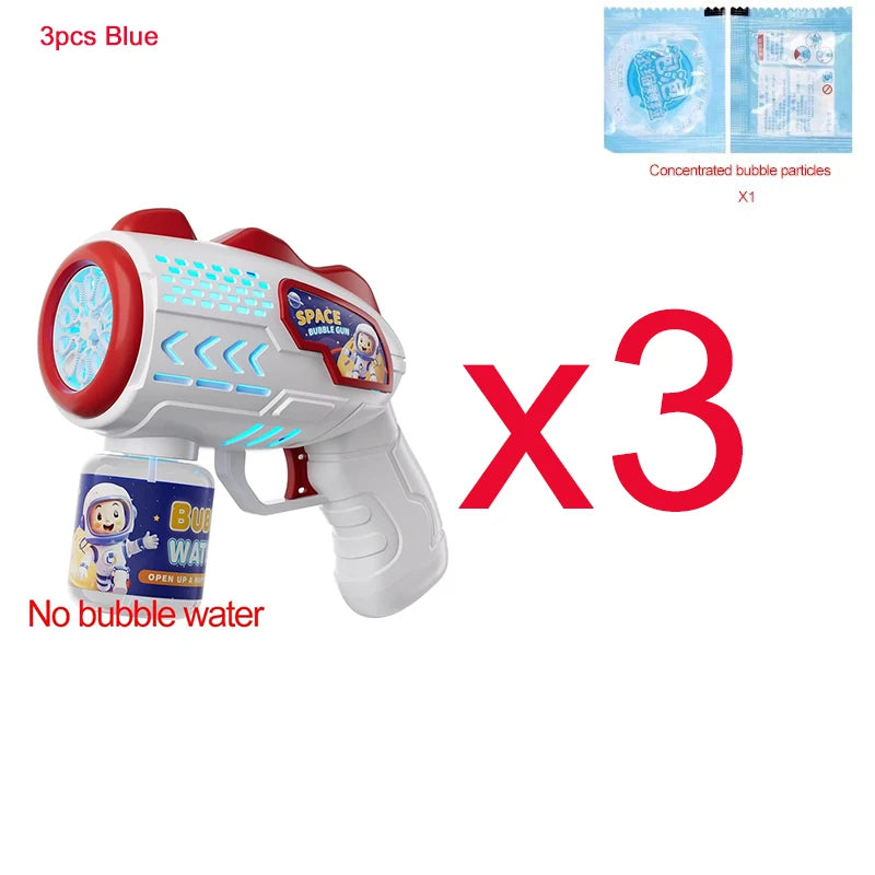 Three blue astronaut bubble blaster toys are shown next to packaging and instructions.