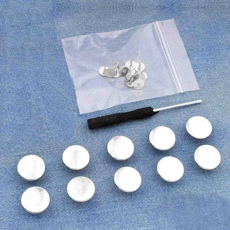 A clear plastic bag contains a kit of instant no-sew snap buttons and various sizes for repairing loose jeans.