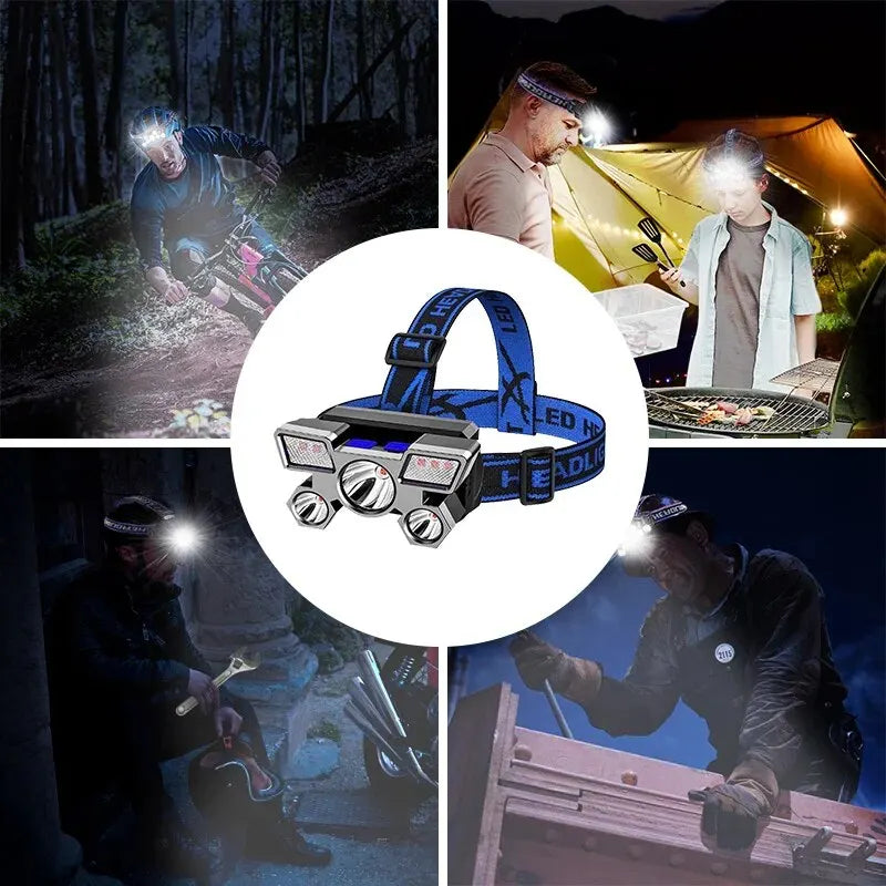 A rechargeable LED headlamp is shown being used by a person in a dark outdoor setting.