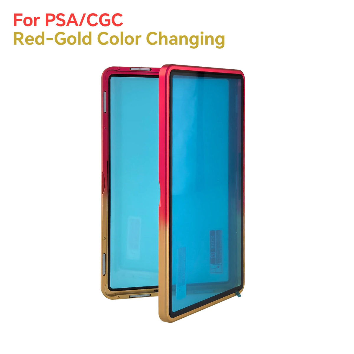 A red and gold protective display case for trading cards, showing a blue card inside.