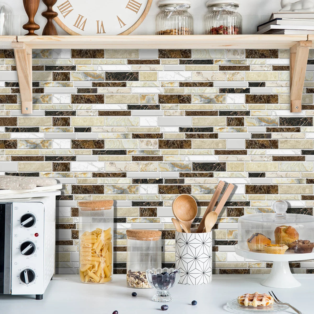 A kitchen backsplash featuring beige and brown marble tile stickers, a wooden shelf, and various kitchen items.