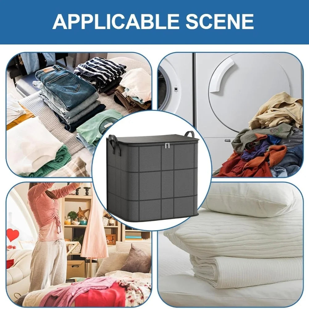 A gray foldable wardrobe storage bag with a double zipper shown in various applicable scenes.