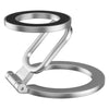 Silver magnetic phone ring holder and kickstand with 360 degree rotation.