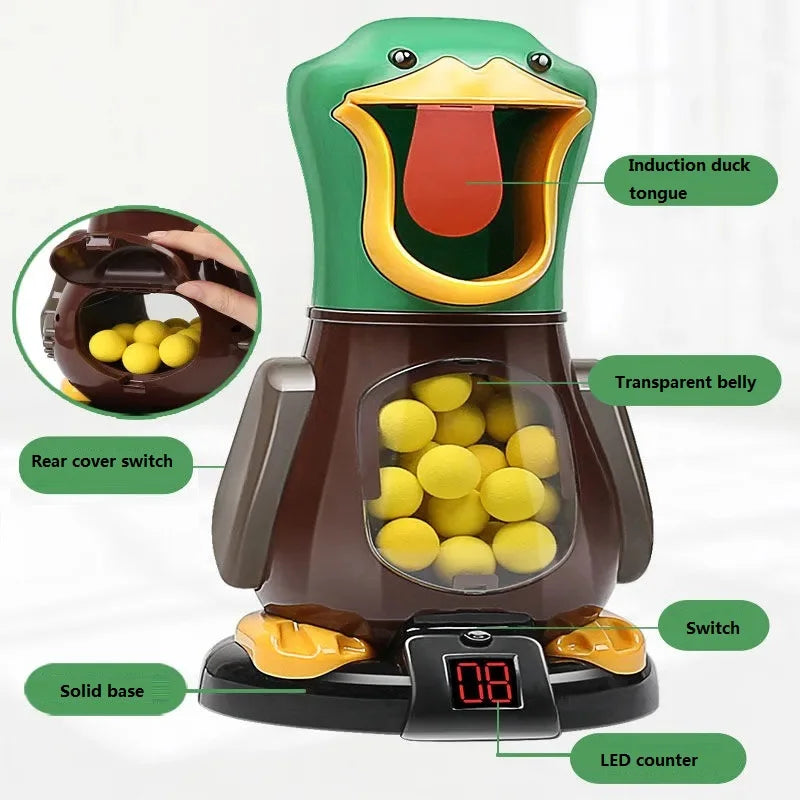 A green and brown duck shooting target game with a transparent belly, showing various components like the induction duck tong