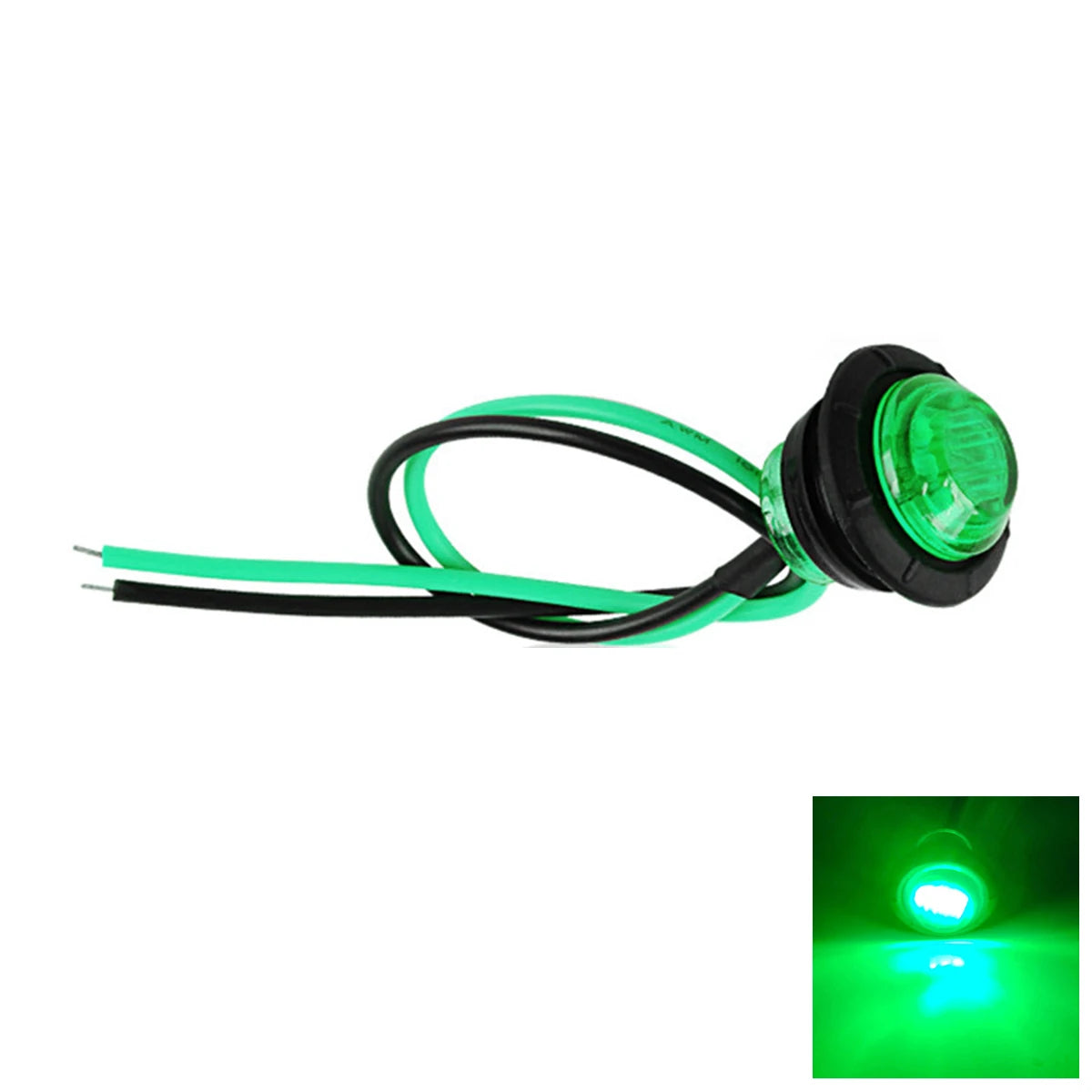 Round LED side marker lights with green illumination and black wiring for trucks and trailers