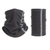 Gray reflective polar fleece neck warmer shown in two views.