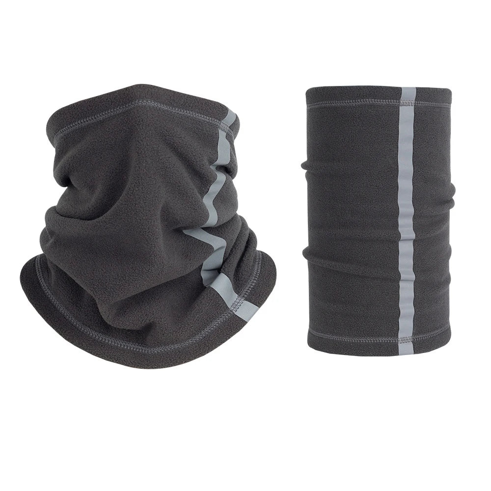 Gray reflective polar fleece neck warmer shown in two views.