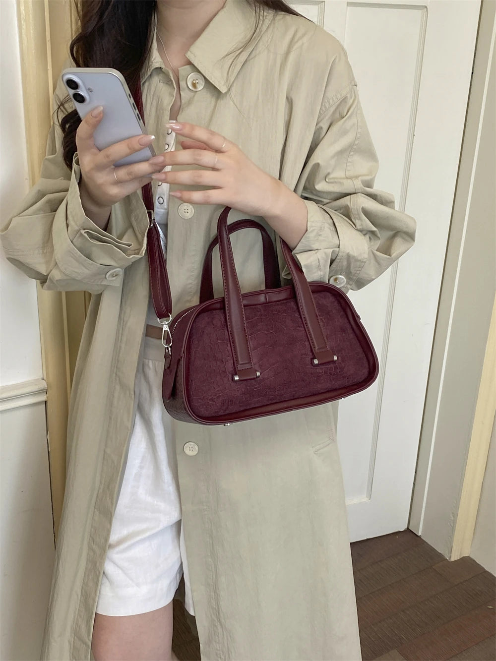 Vintage Croc-Embossed Mini Boston Bag with Dual Straps