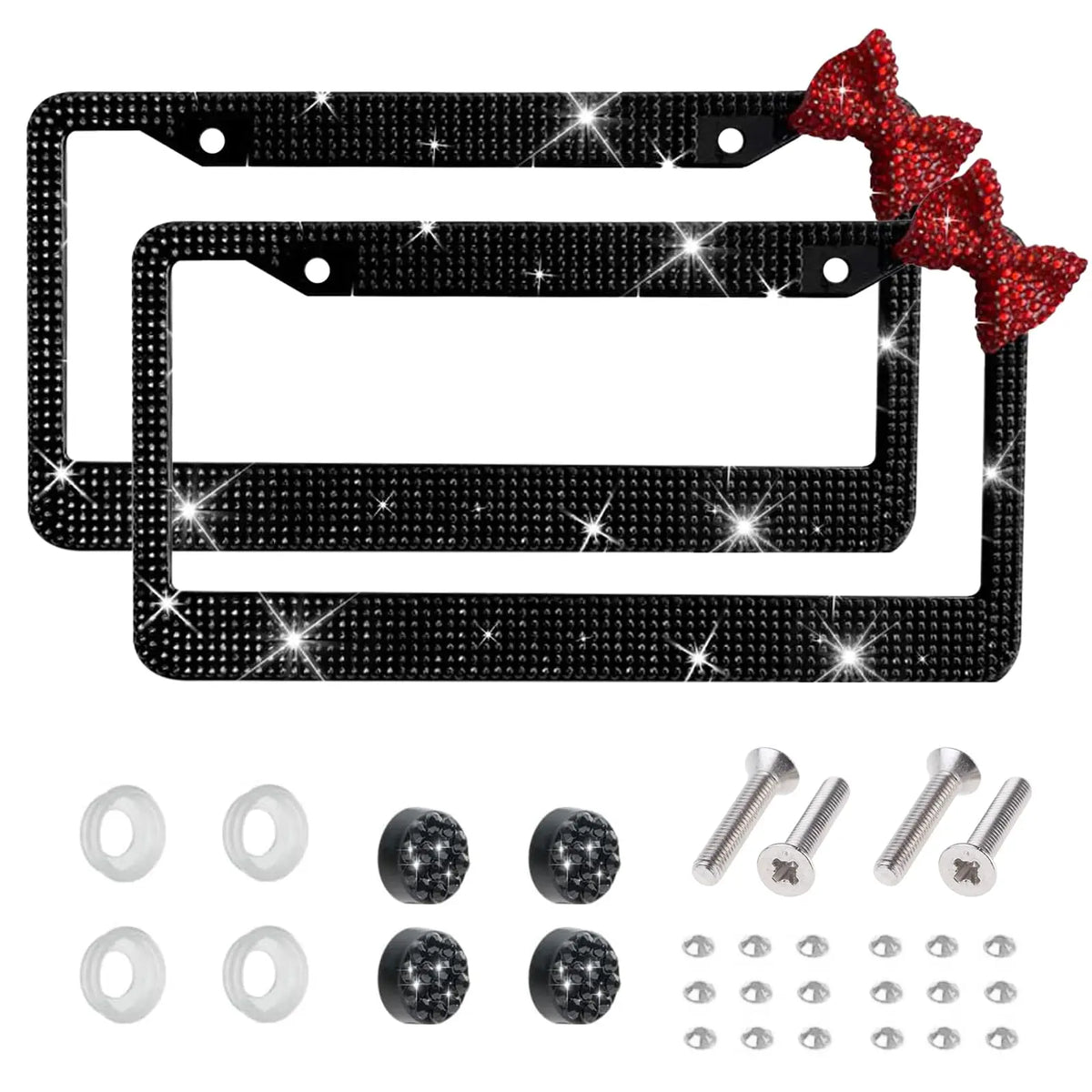 Black rhinestone license plate frame with a red bow accent and various mounting hardware.
