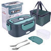 A portable electric lunch box in gray and teal, shown with its box, a storage bag, and utensils.