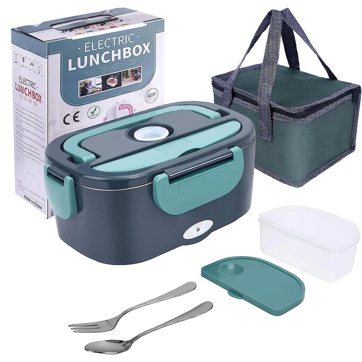 A portable electric lunch box in gray and teal, shown with its box, a storage bag, and utensils.