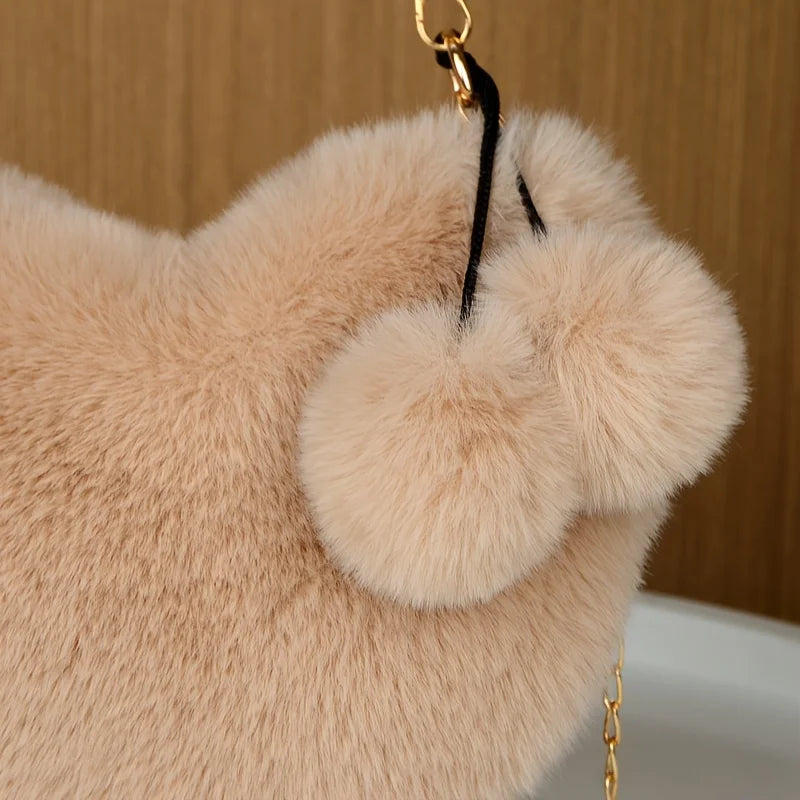 Faux Fur Heart Purse with Chain Strap