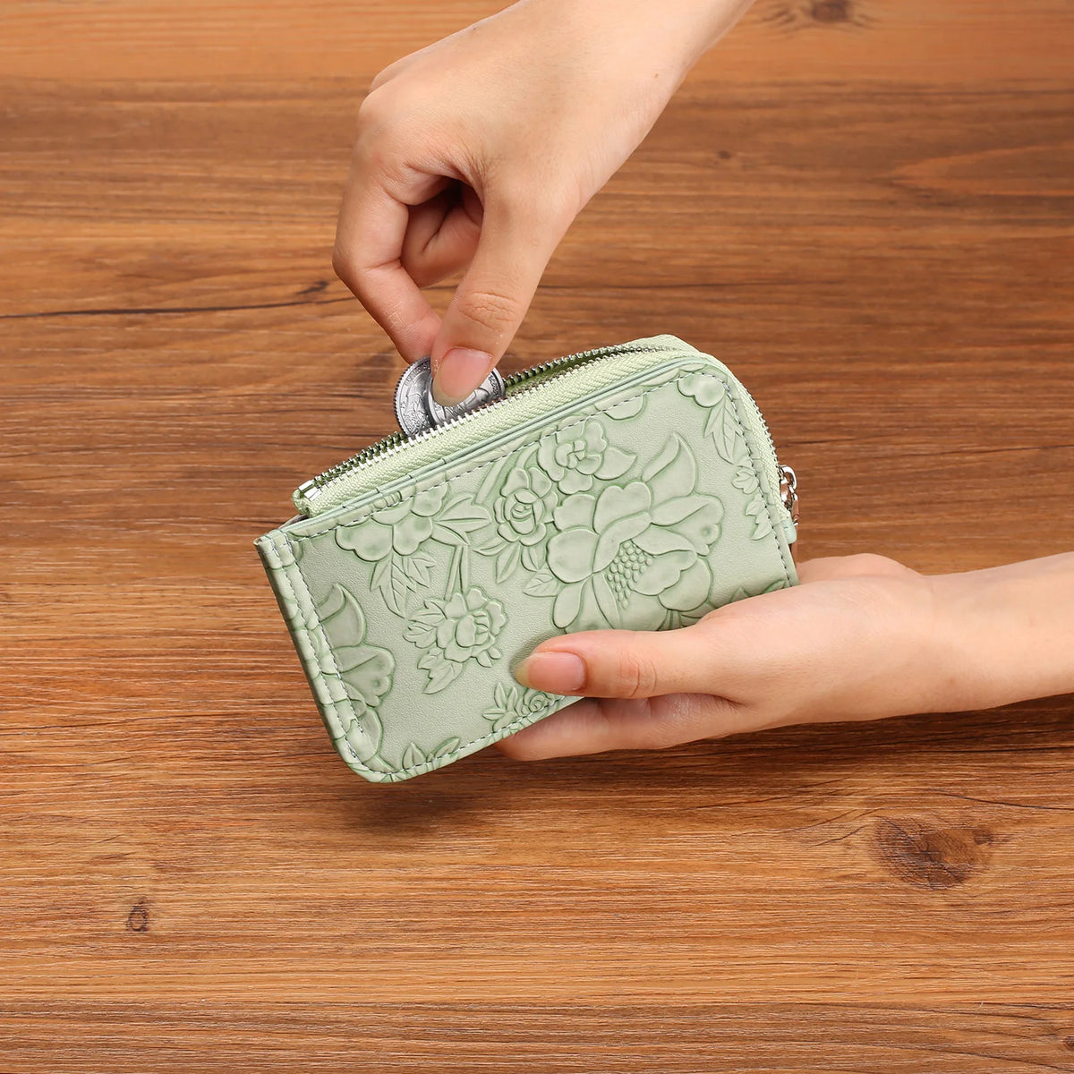 Embossed Zip Coin Purse with Key Ring and Card Slots