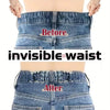 Before and after comparison showing an invisible waist tightener on denim jeans.