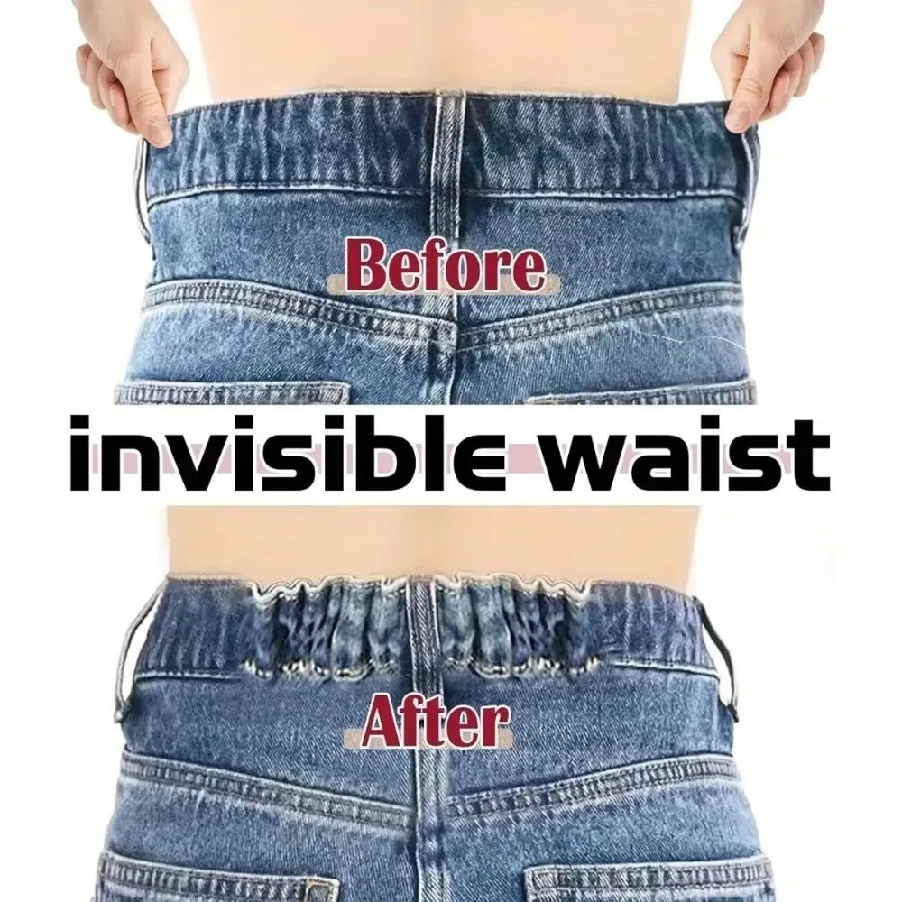 Before and after comparison showing an invisible waist tightener on denim jeans.