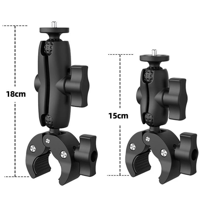 Black universal action camera clamp mount designed for bike and motorcycle handlebars.