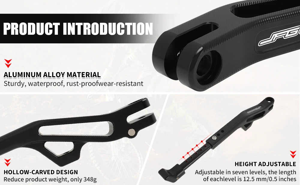 Close-up view of a black aluminum alloy adjustable motorcycle kickstand with a hollow-carved design.