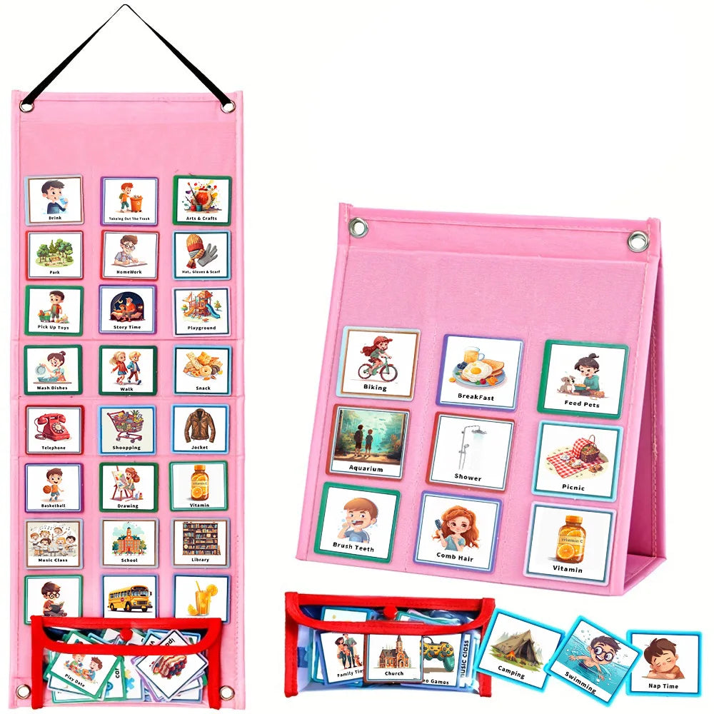 Pink visual schedule cards for daily routines and chore charts featuring various activities and tasks.