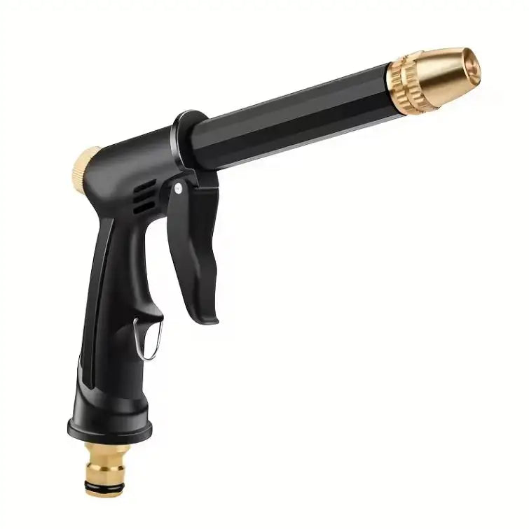 A black high-pressure car wash gun with a brass nozzle and adjustable features.