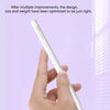 A hand is holding a white universal capacitive stylus pen against a light purple background.