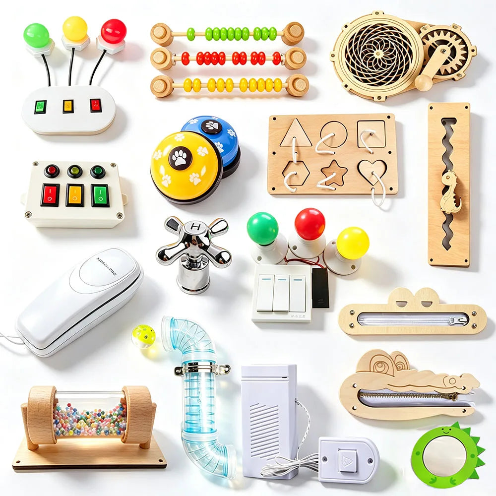 A collection of Montessori busy board DIY accessories including wooden puzzles, buttons, and learning tools for toddlers.