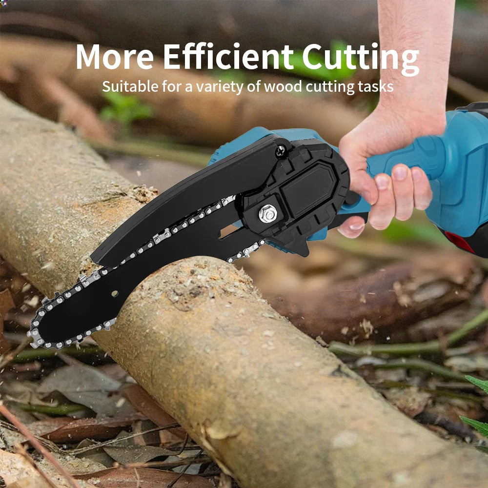 A hand is using a black cordless mini chainsaw to cut a tree branch in an outdoor setting.