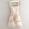 A light beige Korean style cotton kitchen apron with adjustable neck straps and ruffled details.