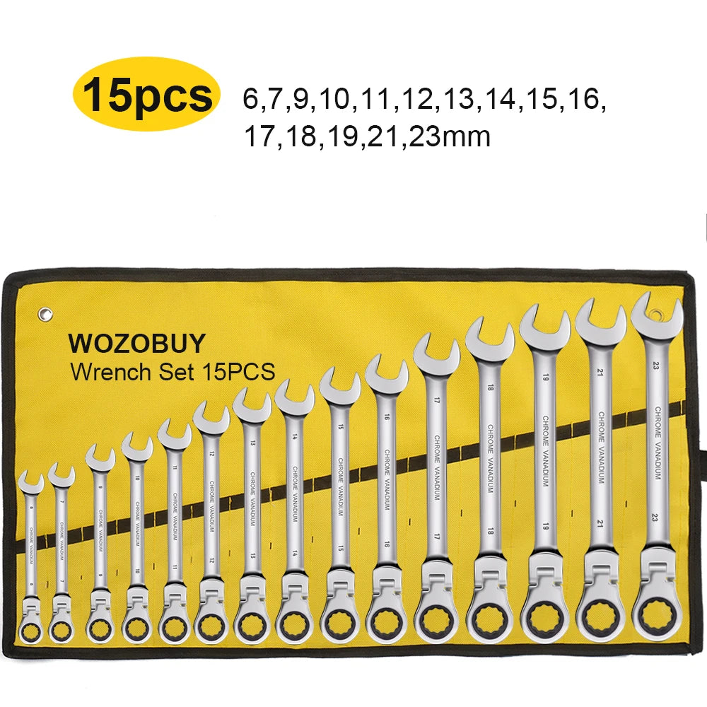 A yellow pouch containing a set of 15 metric size wrenches ranging from 6mm to 23mm.