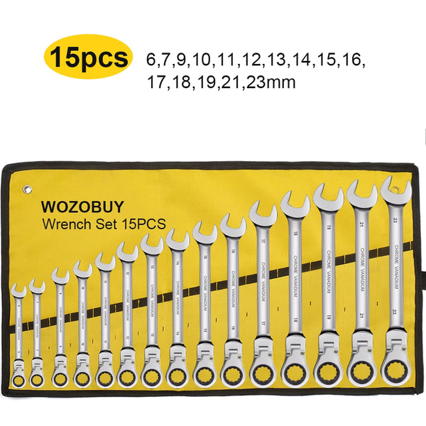 A yellow pouch containing a set of 15 metric size wrenches ranging from 6mm to 23mm.