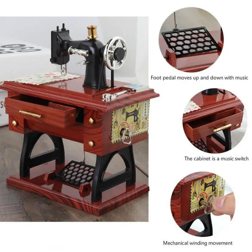 A vintage clockwork sewing machine music box with a wooden cabinet and pedal mechanism.
