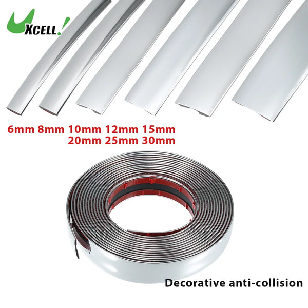 Various sizes of chrome door edge guard trim strips and a decorative anti-collision coil roll.
